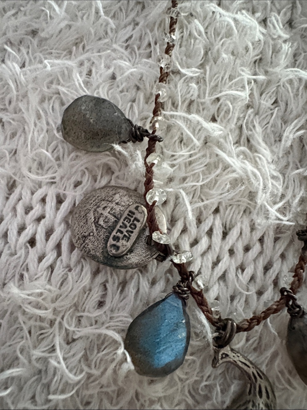 Love Heals Silver Leaf Necklace with Blue Teardrop Accents - Picture 3 of 5